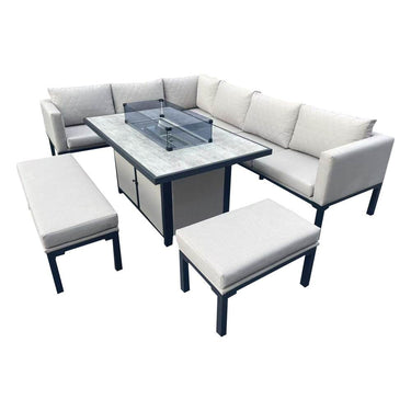 Luxury 5-Piece L-Shaped Outdoor Dining Set with Quick-Dry Cushions & Fire Pit Table in Beige - UK Luxury Furniture